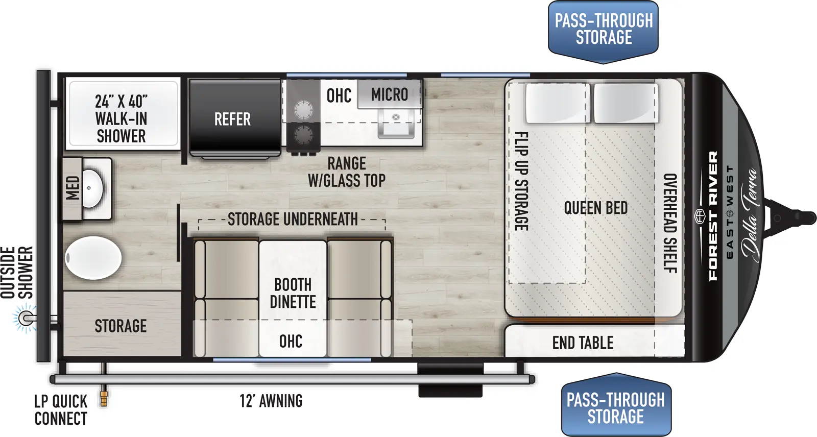 The Della Terra 160RBXLE floorplan has one entry and zero slide outs. Exterior features include: metal exterior and 12' awning. Interiors features include: front bedroom and rear bathroom.